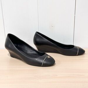 Tory Burch Tiffy Leather Wedge Heels In Black Size 6.5